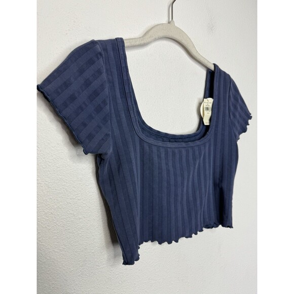 Aerie OFFLINE Small OG Groove Crop Top Blue Short Sleeve Lettuce Trim Ribbed NWT - Picture 4 of 12